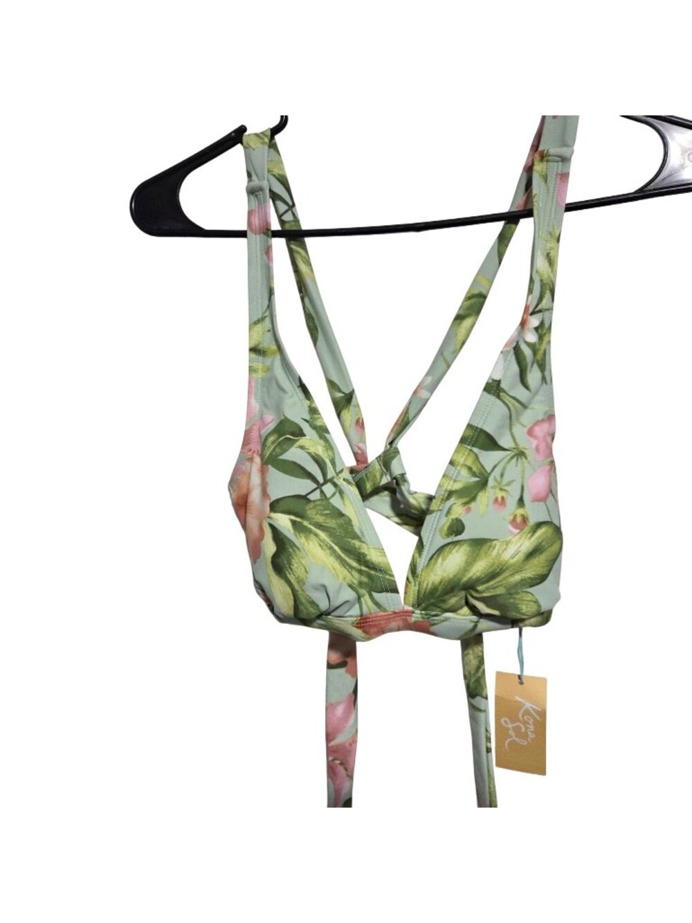 Kona Sol Floral Wrap Bikini Top Size Medium Green Pink Adjustable Straps Beach